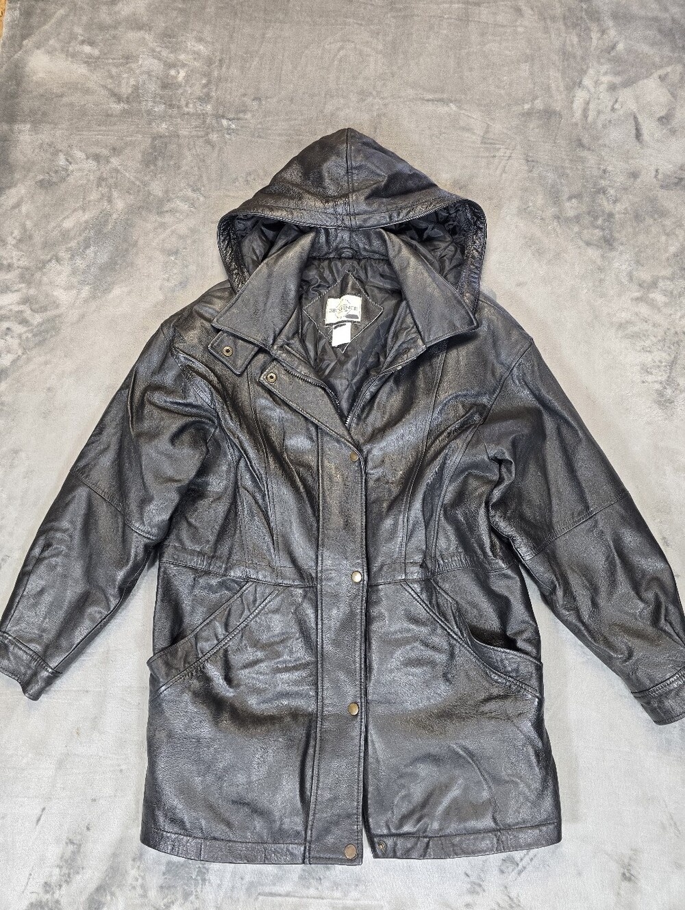Vintage Sequence Genuine Leather Hooded Trench Coat Size Med - Lrg  Black